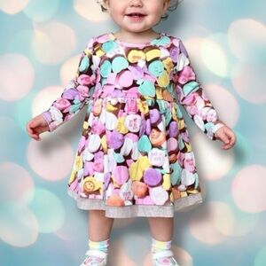 Baby Girl’s Valentine’s Day Candy Hearts Long Sleeve Dress Size 12-18 Months